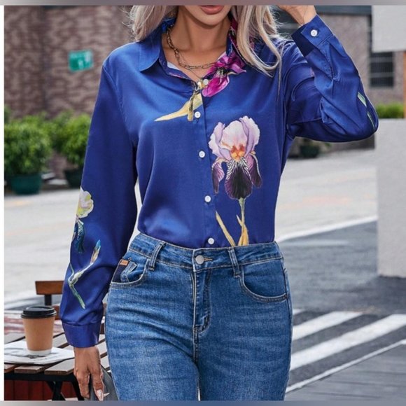 Blue Floral Satin Button Down Blouse - Picture 2 of 8